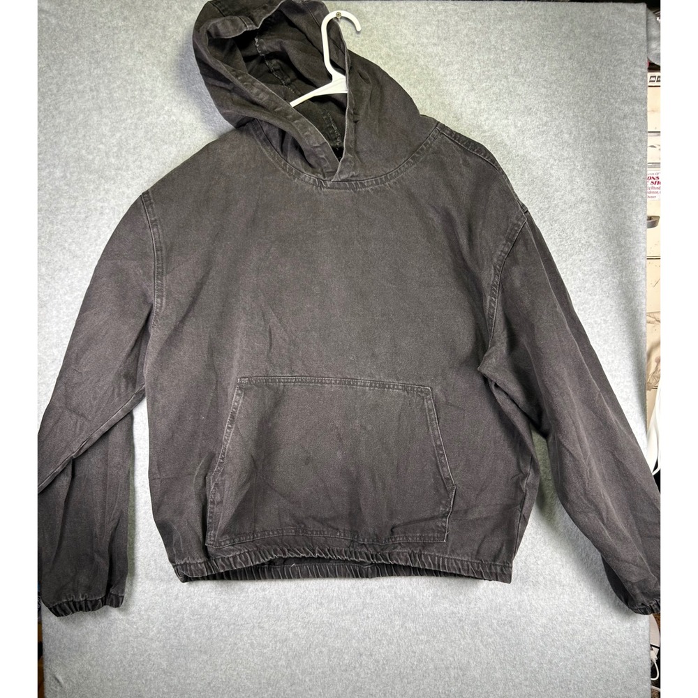 BoohooMAN Denim Hoodie Mens L Short Boxy Black Acid Wash Streetwear Pullover